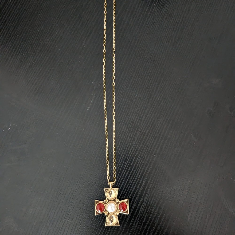 Gold-Tone Cross Pendant Necklace with Red and White Stone Accents